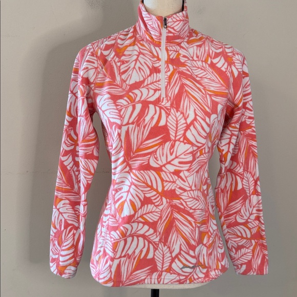 Eddie Bauer fleece Coral & Tangerine leaf print 1/4 zip mock turtleneck warm XS - Picture 1 of 7